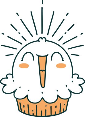 Geleneksel dövme stilinin bir örneği. Bir insan tarafından çizilmiş mutlu şarkı söyleyen kek.