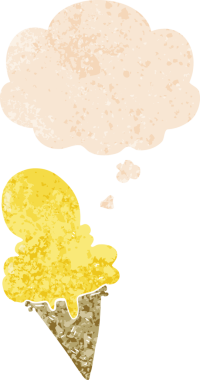 Düşünce baloncuklu çizgi film dondurması grunge sıkıntılı retro desenli bir insan tarafından çizilmiş