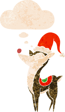 Düşünce baloncuğu ve grunge ile karikatür noel ren geyiği bir insan tarafından çizilmiş sıkıntılı retro dokuma