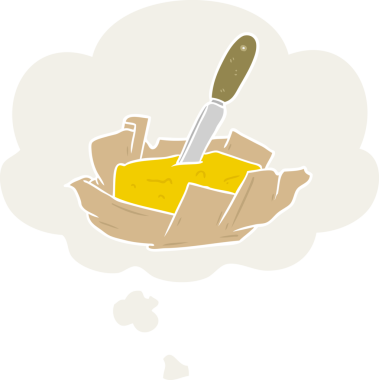 Düşünce baloncuklu çizgi film tereyağı insan tarafından çizilmiş.