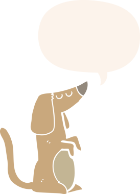 Konuşma baloncuğu olan bir insan tarafından çizilmiş bir çizgi film köpeği.