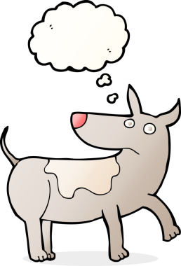 Bir insan tarafından çizilmiş düşünce balonlu komik çizgi film köpeği.