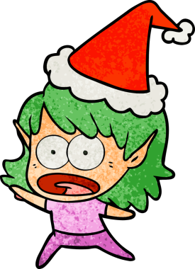 Şok olmuş bir elf kızının el çizimi bir insan tarafından çizilmiş Noel Baba şapkası.