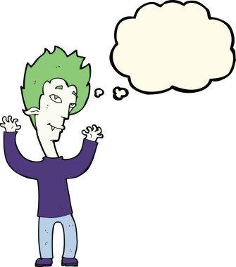 Bir insan tarafından çizilmiş düşünce balonlu vampir adam.