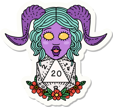 Bir insan tarafından çizilmiş doğal yirmi zarla yapıştırılmış bir etiket.