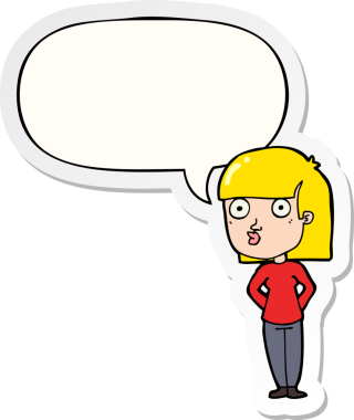 Bir insan tarafından çizilmiş konuşma balonu çıkartmasıyla bakan karikatür kadını.