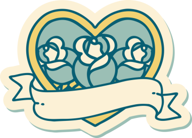 Geleneksel kalp stili dövme çıkartması ve bir insan tarafından çizilmiş çiçekli pankart.