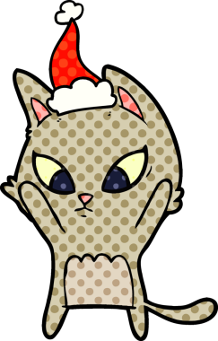 Kafası karışmış bir el çizimi çizgi roman tarzı Noel Baba şapkası takan bir kedi bir insan tarafından çizilmiş.