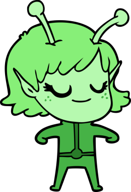 Bir insan tarafından çizilmiş gülümseyen uzaylı kız çizgi filmi.