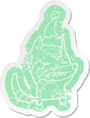 Yorgun kurt çizgi filmi, bir insan tarafından çizilmiş Noel Baba şapkasının çıkartması.