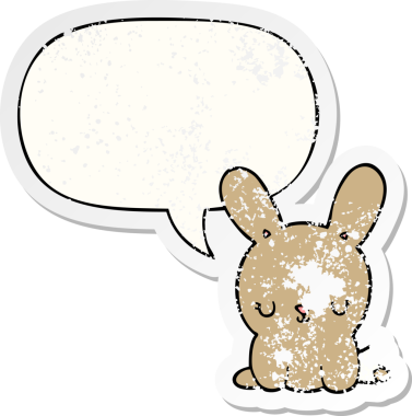 Konuşma baloncuğu olan sevimli çizgi film tavşanı bir insan tarafından çizilmiş sıkıntılı eski bir çıkartma