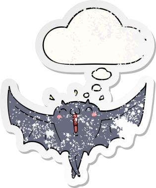 Düşünce baloncuğu olan mutlu vampir yarasa çizgi filmi bir insan tarafından çizilmiş yıpranmış bir çıkartma.