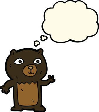 Bir insan tarafından çizilmiş düşünce baloncuğu ile siyah ayı yavrusunu sallayan çizgi film.