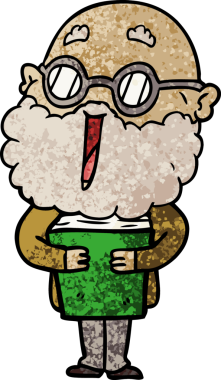 Bir insan tarafından çizilmiş sakallı ve kitaplı neşeli bir adam.