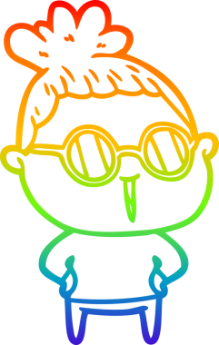 Bir insan tarafından çizilmiş gözlük takan bir karikatür kadının çizimi.