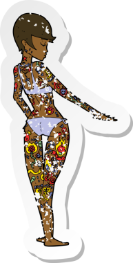 Bir insan tarafından çizilmiş dövmelerle kaplı bir bikinili kızın retro stresli çıkartması.