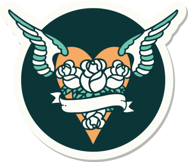 Geleneksel bir dövme stili. Uçan kalp. Çiçekler ve bir insan tarafından çizilmiş bayrak.