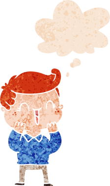 Düşünce baloncuğuyla gülen çizgi film çocuğu grunge dertli eski moda bir insan tarafından çizilmiş.