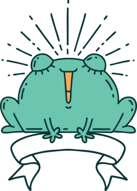 Bir insan tarafından çizilmiş dövmeli, mutlu bir kurbağa.