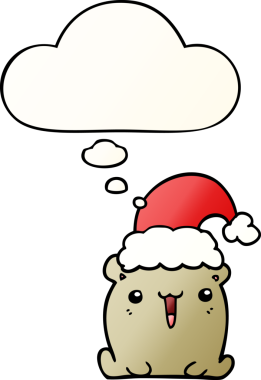 Noel şapkalı şirin çizgi film ayısı. Düşünce baloncuğu insan tarafından çizilmiş.