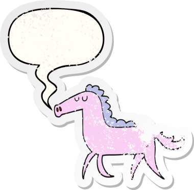 Konuşma baloncuğu olan çizgi film atı bir insan tarafından çizilmiş sıkıntılı eski bir çıkartma