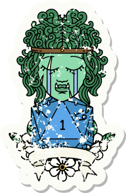 Retro Dövme Tarzı Ağlayan Ork Barbar Karakteri Bir insan tarafından çizilmiş doğal D20 rulosu