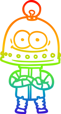 Gökkuşağı gradyan çizgisi mutlu bir karton robot çizimi ve bir insan tarafından çizilmiş ampul.