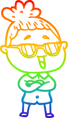 Bir insan tarafından çizilmiş gözlük takan mutlu bir kadının çizgi çizimi.