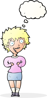 Bir insan tarafından çizilmiş düşünce baloncuğu olan heyecanlı bir kadın.