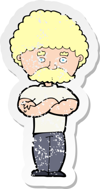 Çizgi filmdeki bir babanın, kollarını bir insan tarafından katlanmış, kederli retro yapıştırması.