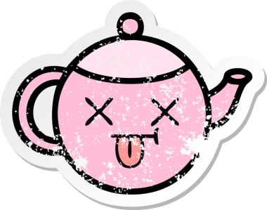 Bir insan tarafından çizilmiş şirin bir karikatür çaydanlığının sıkıntılı çıkartması.