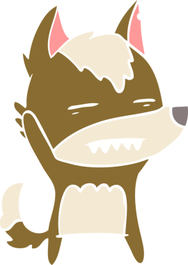 Düz renkli karikatür kurt, bir insan tarafından çizilmiş dişleri gösteriyor.