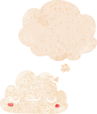 Düşünce baloncuğu ve grunge ile sevimli çizgi film bulutu bir insan tarafından çizilmiş sıkıntılı retro dokuma tarzı