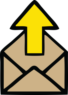 Bir insanın çizdiği okun olduğu sevimli bir zarf karikatürü