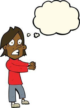 Bir insan tarafından çizilen düşünce baloncuğuyla şok olmuş bir adam.