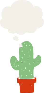 Düşünce baloncuğu olan bir kaktüs insan tarafından çizilmiş bir çizgi film.