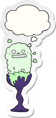 İnsan tarafından çizilmiş bir çıkartma olarak düşünce baloncuğu olan karikatürlü Cadılar Bayramı iksiri bardağı.