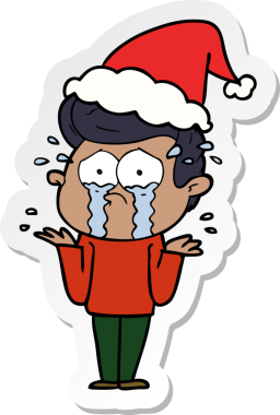 Bir insan tarafından çizilmiş Noel Baba şapkası takan ağlayan bir adamın el yazısı.