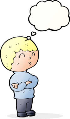 Bir insan tarafından çizilmiş düşünce balonuyla kollarını kavuşturmuş çizgi film çocuğu.