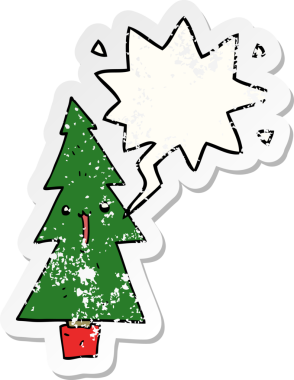 Bir insan tarafından çizilmiş, sıkıntılı, eski bir çıkartma olan, konuşma baloncuklu bir çizgi film Noel ağacı.