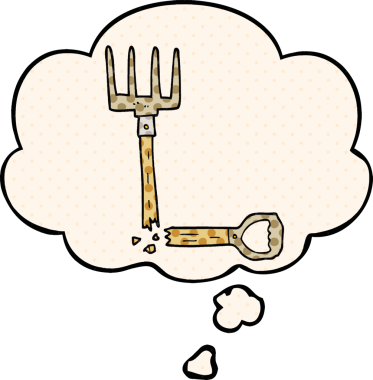 Çizgi roman tarzında bir insan tarafından çizilmiş düşünce baloncuğu olan kırık bir dirgen.