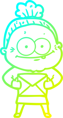 Bir insan tarafından çizilmiş, mutlu, yaşlı bir kadının çizimi.