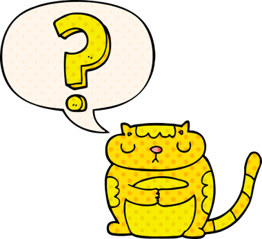 Bir insan tarafından çizilmiş çizgi roman tarzında soru işareti olan çizgi film kedisi.