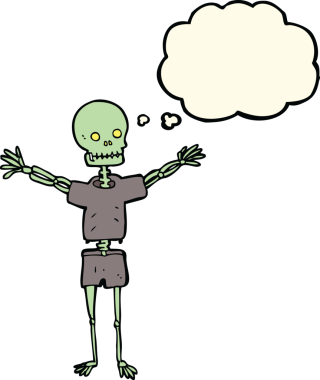 Bir insan tarafından çizilmiş düşünce baloncuklu giysiler içinde bir iskelet.