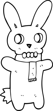 Bir insan tarafından çizilmiş siyah beyaz çizgi film ürkütücü kafatası tavşanı.