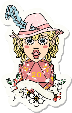 Bir insan tarafından çizilmiş doğal yirmilik bir elf ozan karakterinin grunge çıkartması.