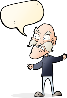 Bir insan tarafından çizilmiş konuşma balonlu kızgın yaşlı adam çizgi filmi.