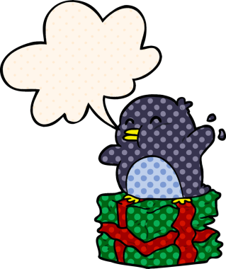 Bir insan tarafından çizilmiş çizgi roman tarzında konuşma baloncuğuyla sarılmış penguen.