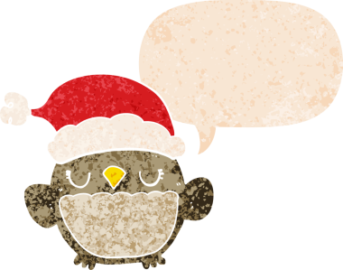 Bir insan tarafından çizilmiş grunge sıkıntılı retro stili konuşma baloncuğu ile sevimli noel baykuşu