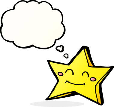 Bir insan tarafından çizilmiş düşünce baloncuklu mutlu yıldız karakteri.